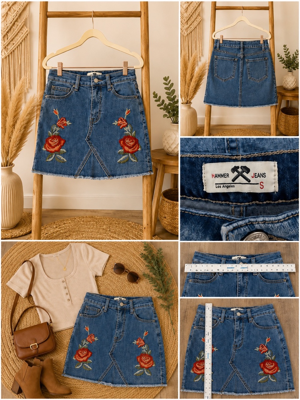 Women's Blue Denim Skirt with Red Rose Embroidery Size Small